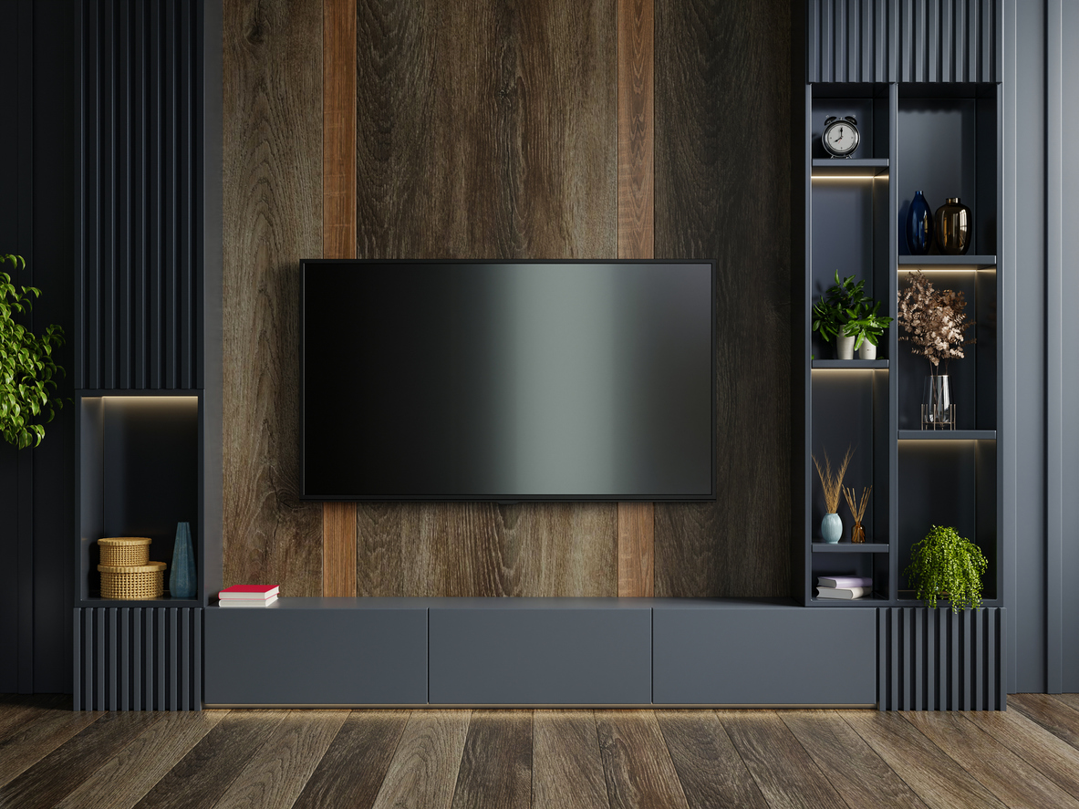 Wooden wall mounted tv in modern living room