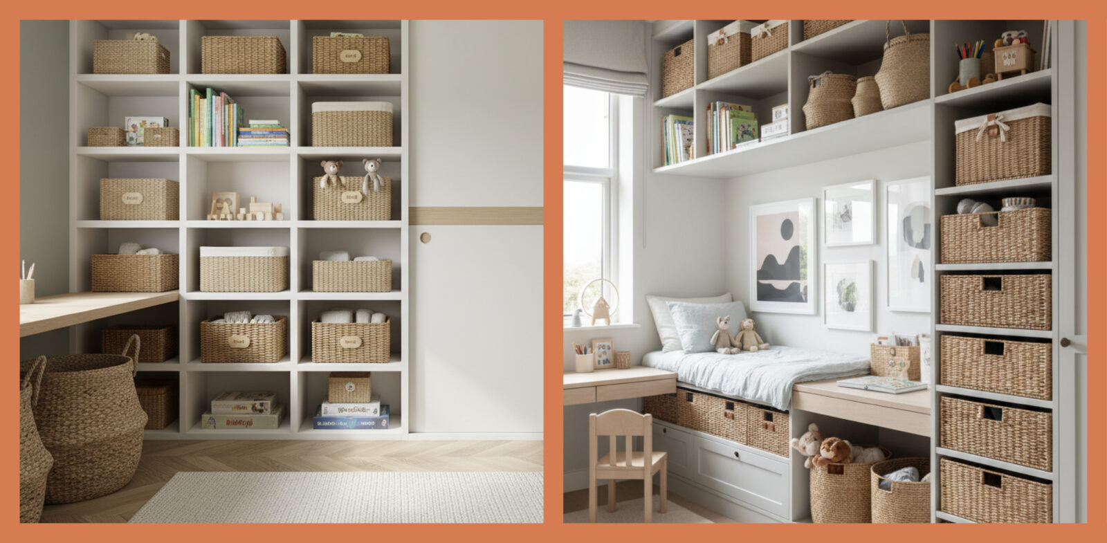 wicker baskets in children's bedroom storage